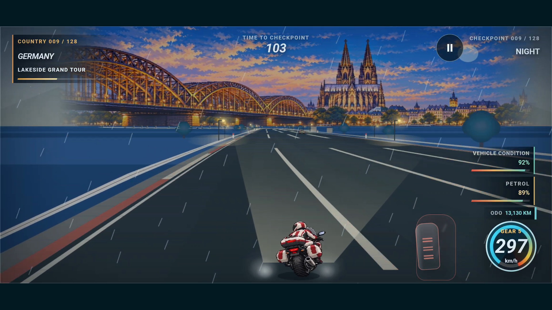 Motorcycle riding through Germany in rain