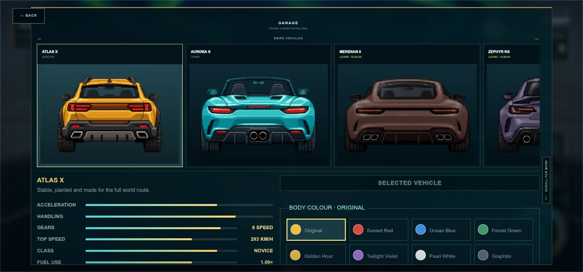 The released game's garage with rear-view vehicles, specifications and body colour choices