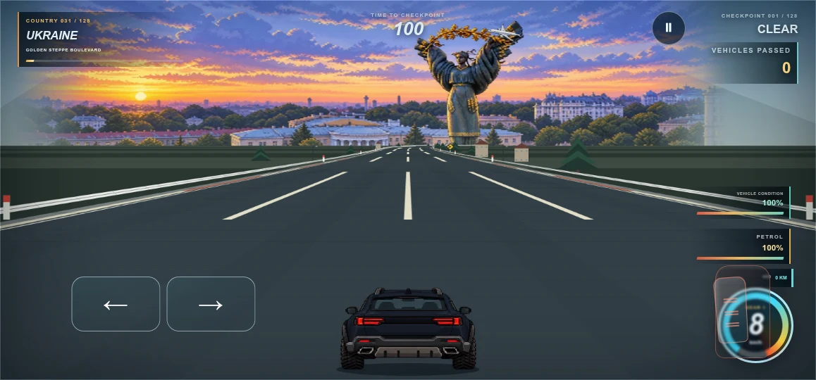 An expedition car on the open road beneath Ukraine's sunset skyline